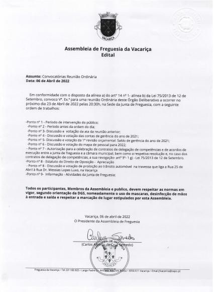Convocat&oacute;ria Assembleia Ordin&aacute;ria A. Freguesia - 23 Abril 2022